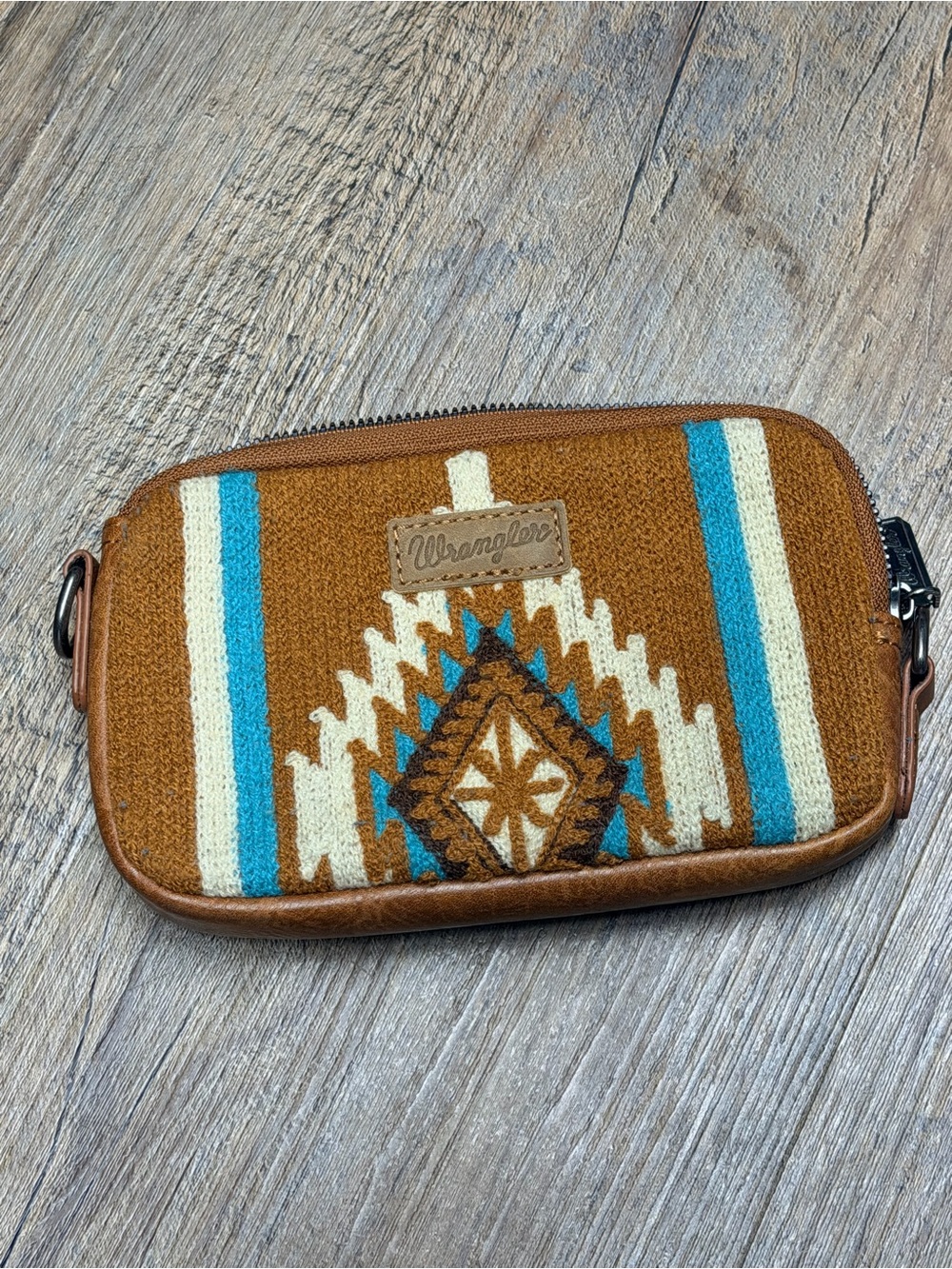 Wrangler Brown clutch Wallet with Turquoise and Cream Aztec Detail